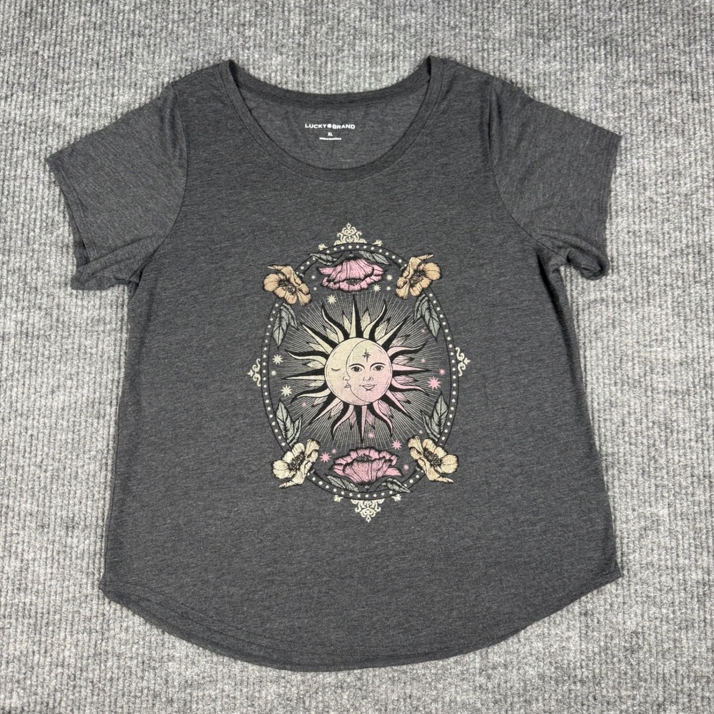 Lucky Brand T Shirt Womens XL Gray Celestial Sun Moon Floral Whimsigoth Boho